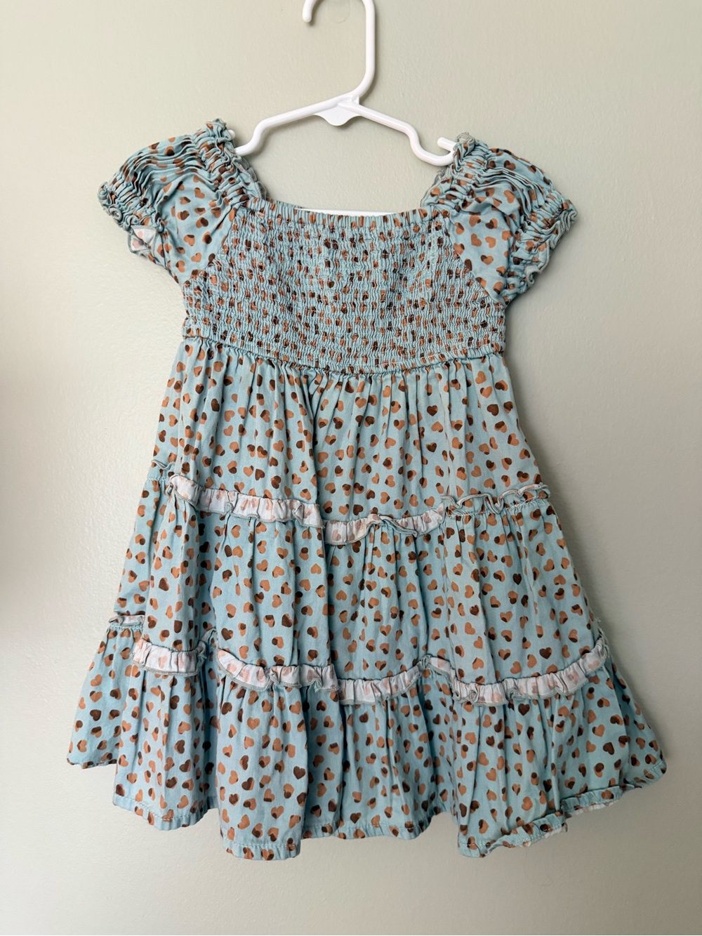 Mayoral Light Blue Dress with Brown Heart Print and Smocked Bodice